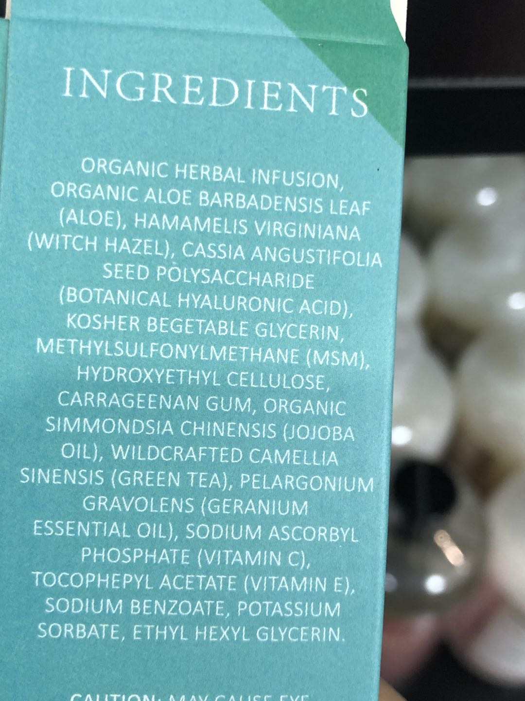 Ingredients list for Alpha Omega Vitality pure hyaluronic acid serum highlighting herbal and natural components