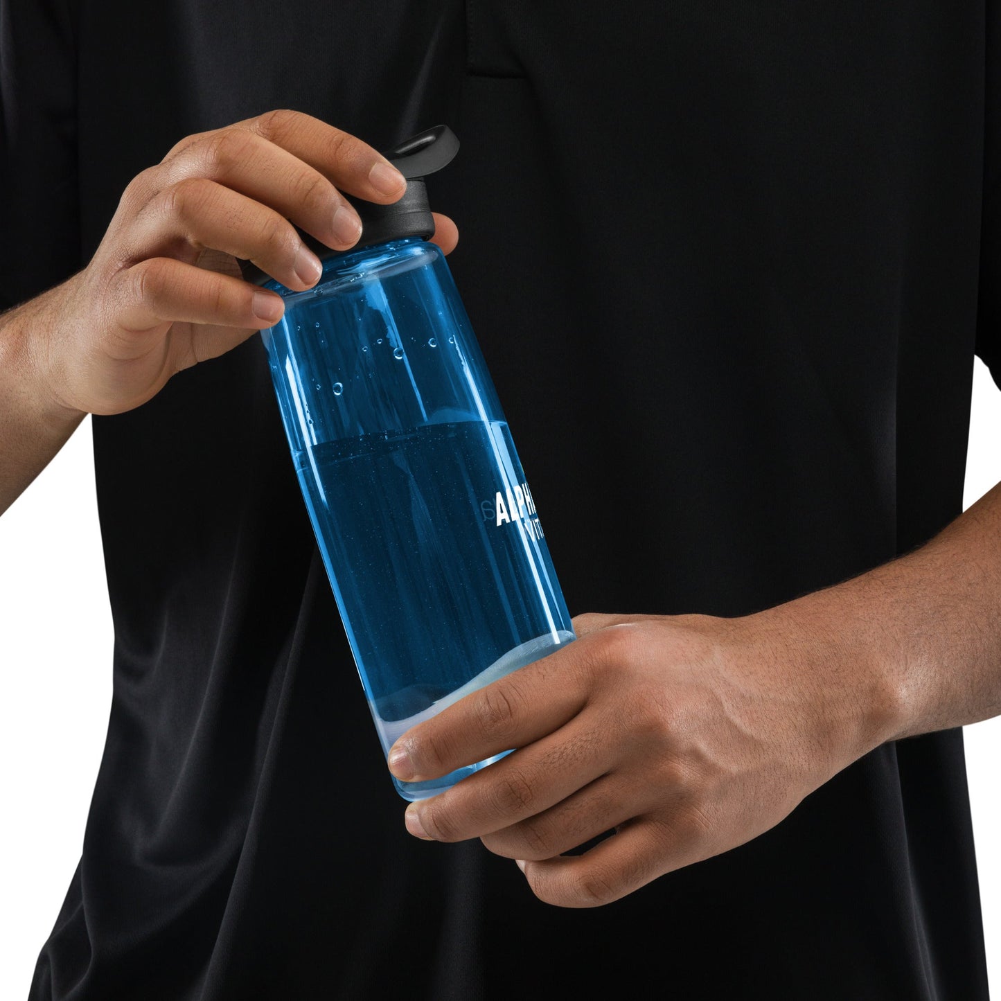 Alpha Omega Vitality premium sports water bottle in blue held by a person for hydration during workouts