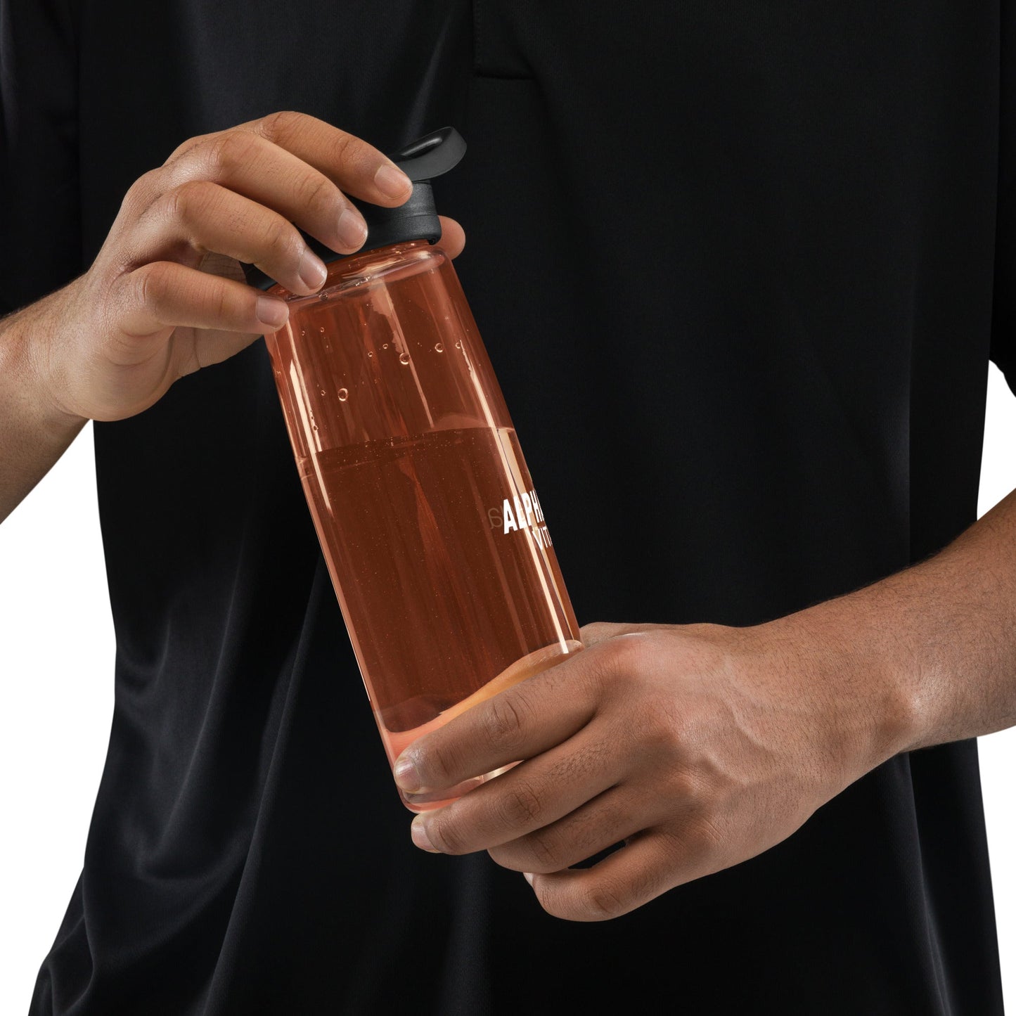 Alpha Omega Vitality premium sports water bottle held by a person in a black shirt with a clear design