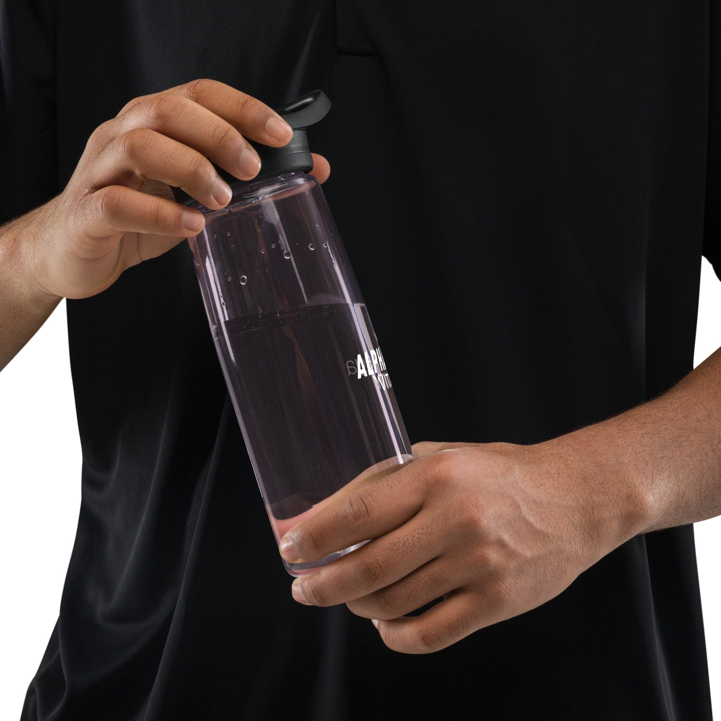Alpha Omega Vitality premium sports water bottle held in hand for hydration during workouts